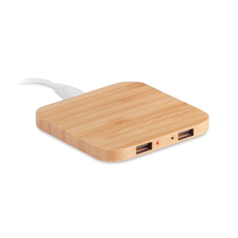 Wireless charging pad with 2 USB port 2.0 hubs in bamboo  Με Χάραξη το Σχέδιο σας Κωδ. 09698-535