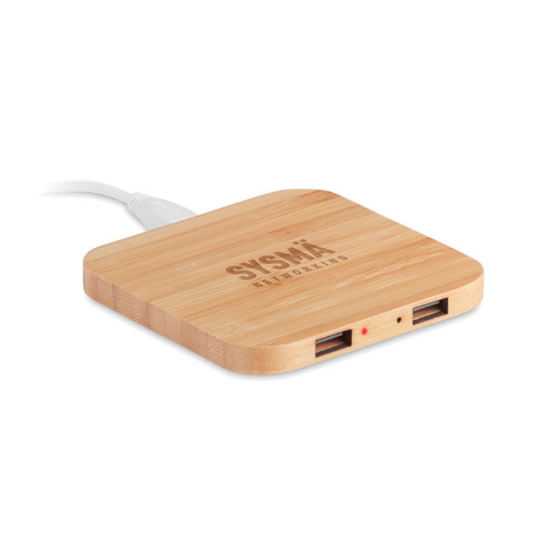 Wireless charging pad with 2 USB port 2.0 hubs in bamboo  Με Χάραξη το Σχέδιο σας Κωδ. 09698-535