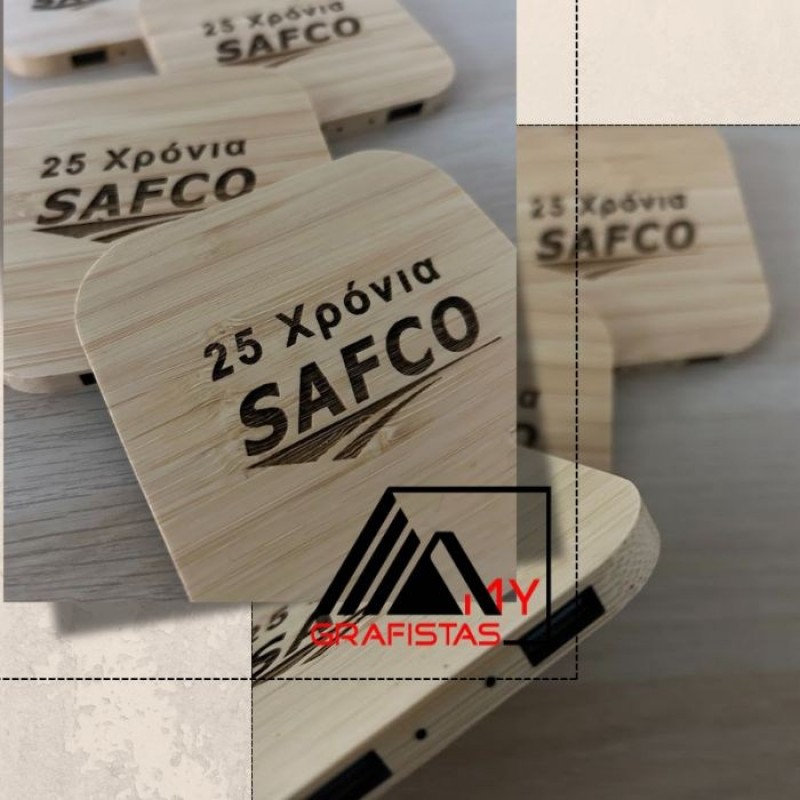 Wireless charging pad with 2 USB port 2.0 hubs in bamboo  Με Χάραξη το Σχέδιο σας Κωδ. 09698-535